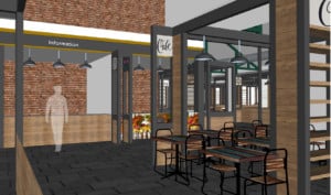 CGI image of a cafe with a white silhouette